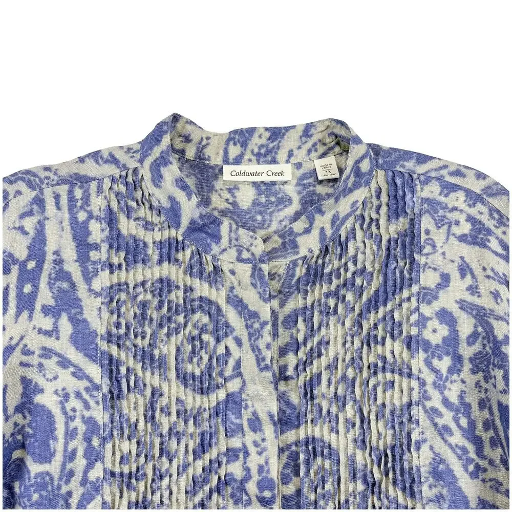 Coldwater Creek Linen Paisley Tunic Women 1X Blue White Pintuck Coastal